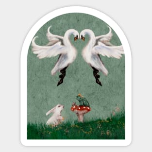 Fairytale Meeting A frog king and white rabbit meet in a spring meadow  with swans cottagecore watercolor Sticker